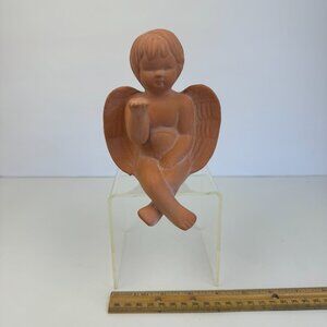 Vtg Sitting on Ledge Terracotta Angel Cherub Figurine Hand Out Hollow Drain Hole